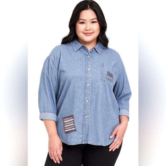 CJ Bank 3X Plus Denim Womens Shirt Blue Button-Up Embroidered - Picture 1 of 8